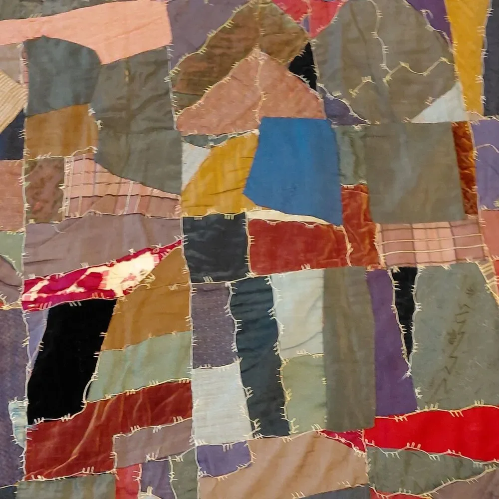 Vtg Handmade Crazy Quilt Early 20th Century Velvet Satins Heavy 78x74 Read